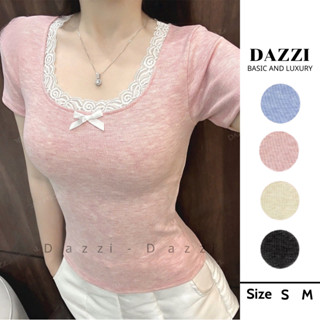 Áo thun nữ DAZZI viền ren phối nơ,áo thun babytee cổ vuông viền ren phối nơ form ôm co dãn 4 chiều [A015]
