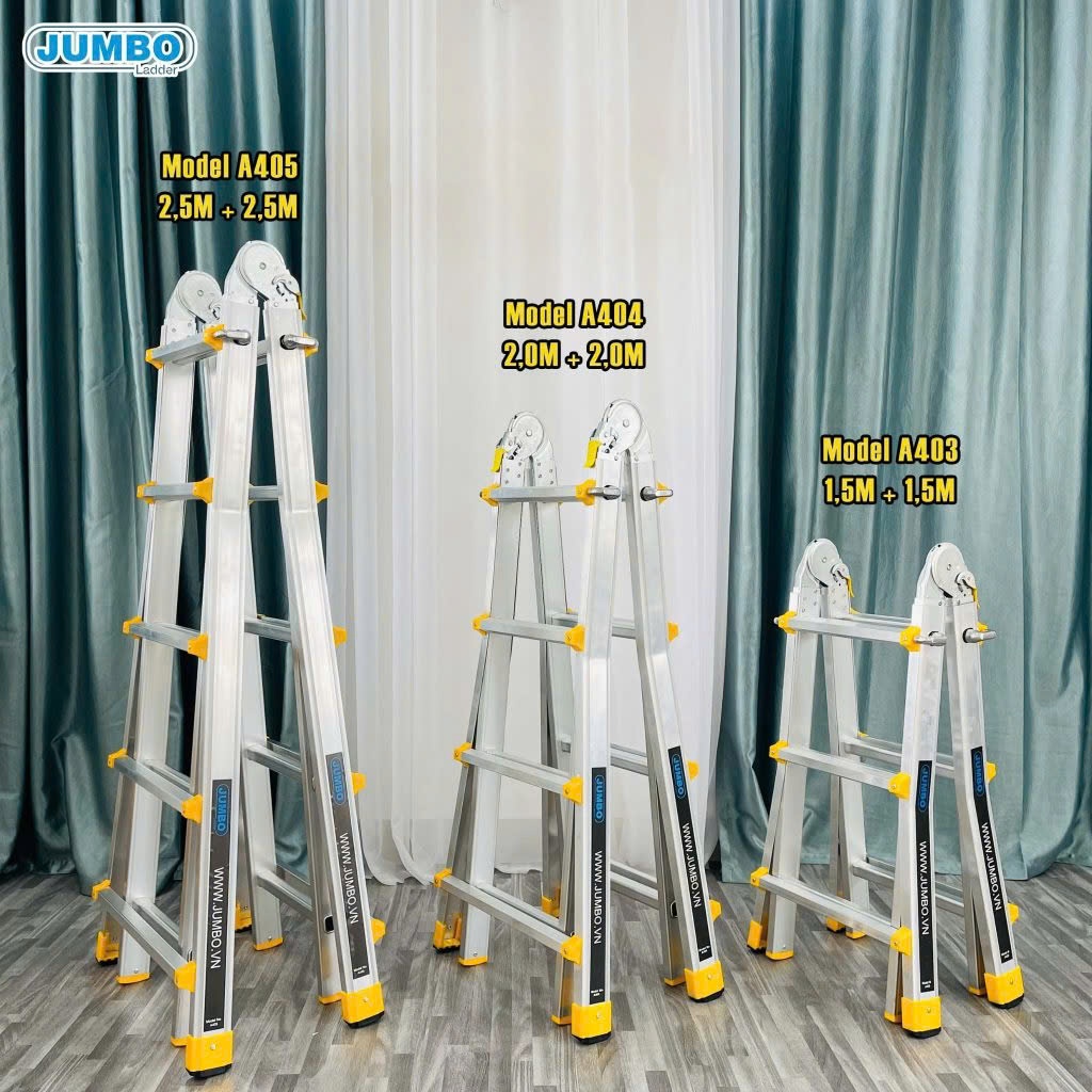 1.4-2.5m Thang nhôm gấp trượt chữ A mở rộng Jumbo A403 A404 A405 tải trọng 300kg bảo hành 2 năm than