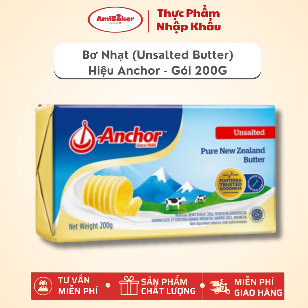 Bơ Nhạt (Lạt) New Zealand Unsalted Butter Hiệu Anchor - Gói 200G