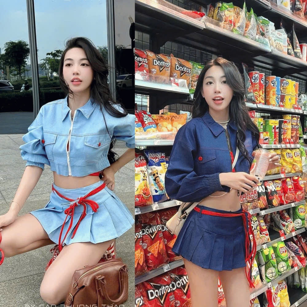 Set 3 Món Áo Sơ Mi Jean Crotop Mix Áo Đỏ Và Chân Váy Jean 2 Màu 2001's Clothing