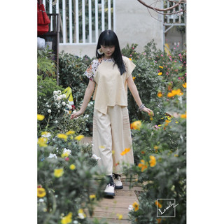LAMLIY - Áo cổ trụ raglan phối hoa linen