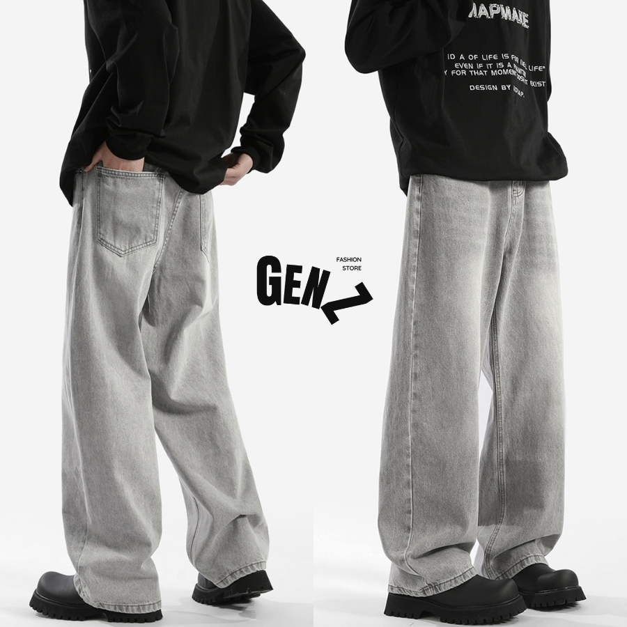 Quần Jean Nam Ống Suông Wash Genz , Quần Jean Nam Ống Rộng Chất Liệu Dày Dặn Phong Cách Đường Phố