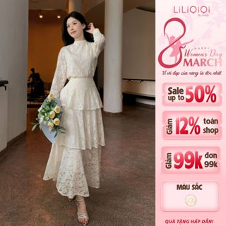 [KOL] Set Váy Thu Đông Ren Dài Tay Xoè 3 Tầng Thiết Kế Sang Trọng LiLiQiQi By LeeGi Dự Tiệc - AV750