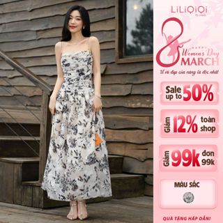 Váy cúp ngực voan hoạ tiết đen trắng nhún eo dáng dài tiểu thư sang chảnh LiLiQiQi By LeeGi - DD843
