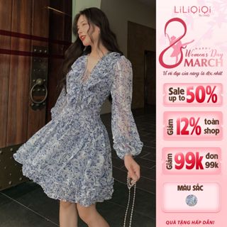 Váy Hoa Nhí Tiểu Thư Đan Dây Ngực LiLiQiQi By LeeGi Đầm Hoa Dài Tay Chiết Eo - Min609