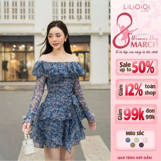Đầm Tiểu Thư Hoa Nhí Xanh Trễ Vai Dài Tay LiLiQiQi By LeeGi Dáng Ngắn Nhiều Tầng Chiết Eo - Min626