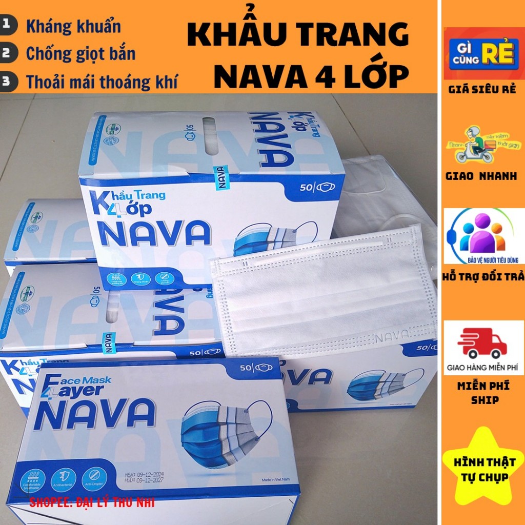 Khẩu trang y tế NAVA – khẩu trang 4 lớp, hộp 50 cái - khẩu trang lọc bụi, kháng khuẩn, an toàn