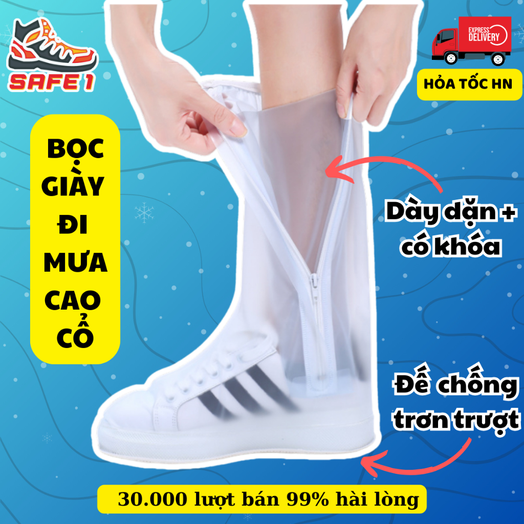 Bao giày đi mưa cao cổ dày dặn có khóa, chống nước, chống trơn trượt. Ủng bọc giày đi mưa