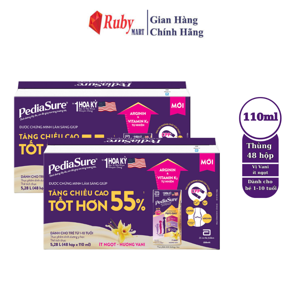 Sữa nước PediaSure 110ml hương Vani ít ngọt (Thùng 48 hộp )
