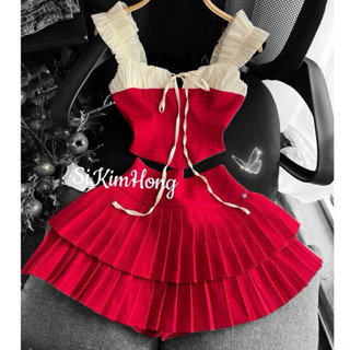 S907 SÉT THIẾT KẾ CHÂN VÁY XẾP LY XOÈ 2 TẦNG NGẮN ÁO 2 DÂY CÁNH TIÊN NHÚN DỄ THƯƠNG