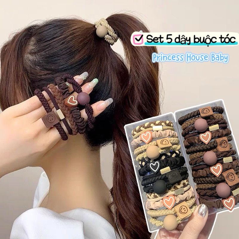 Set 5 dây buộc tóc màu đen, nâu cafe, be sữa Princess House Baby
