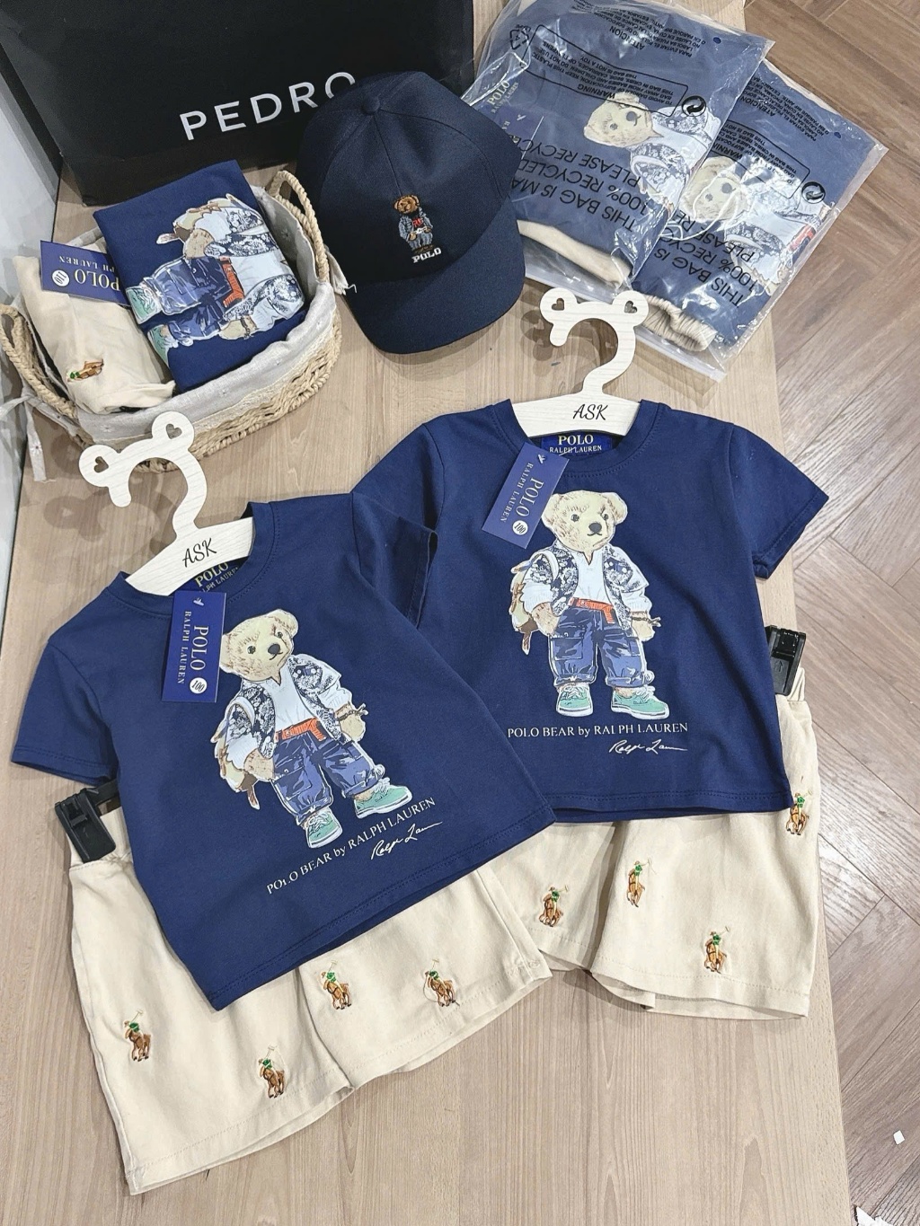 [Tặng mũ] Set đồ gấu thêu màu xanh navy