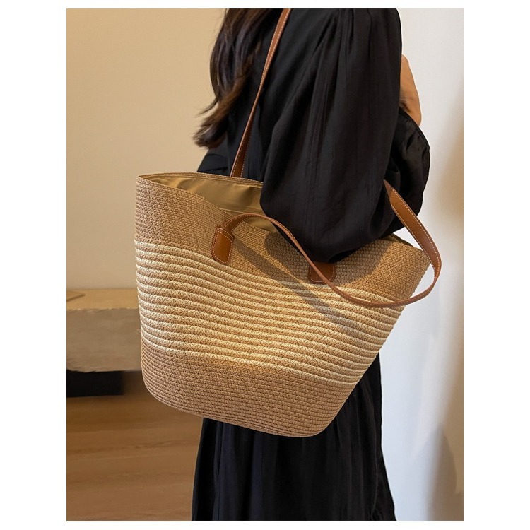 Túi cói đi biển kẻ sọc đeo vai size to có khóa kéo tiện lợi | BigBuy360 - bigbuy360.vn