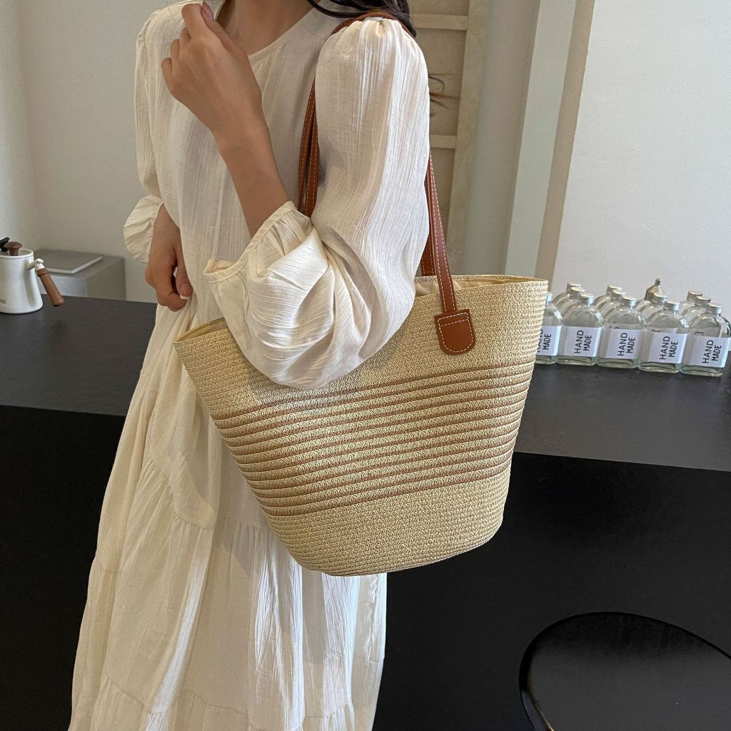 Túi cói đi biển kẻ sọc đeo vai size to có khóa kéo tiện lợi | BigBuy360 - bigbuy360.vn