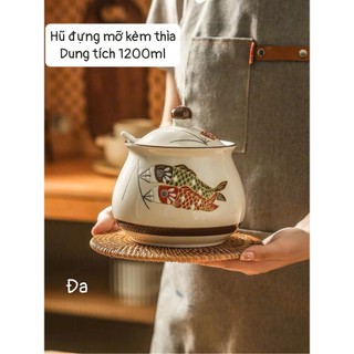  Hũ đựng dầu mỡ  đựng gia vị gốm sứ cao cấp chịu nhiệt cao 1200ml họa tiết Cá có kèm thìa 