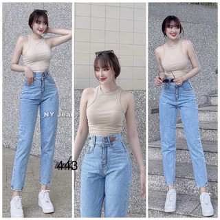  Quần baggy jean nữ màu xanh nhạt cạp cao 2 nút Ms 443 