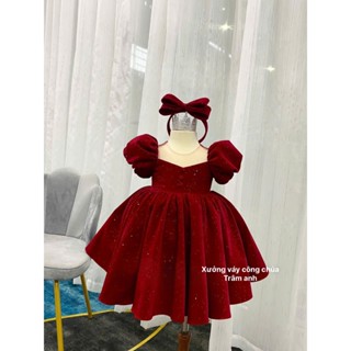 đầm váy công chúa nhung đỏ kim tuyến tay ngắn cho bé