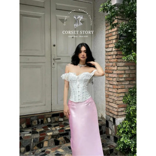  CORSET STORY- Set Áo Corset Trễ Vai Trắng tay ren tiểu thư mix chân váy lụa nàng thơ đi biển hè 