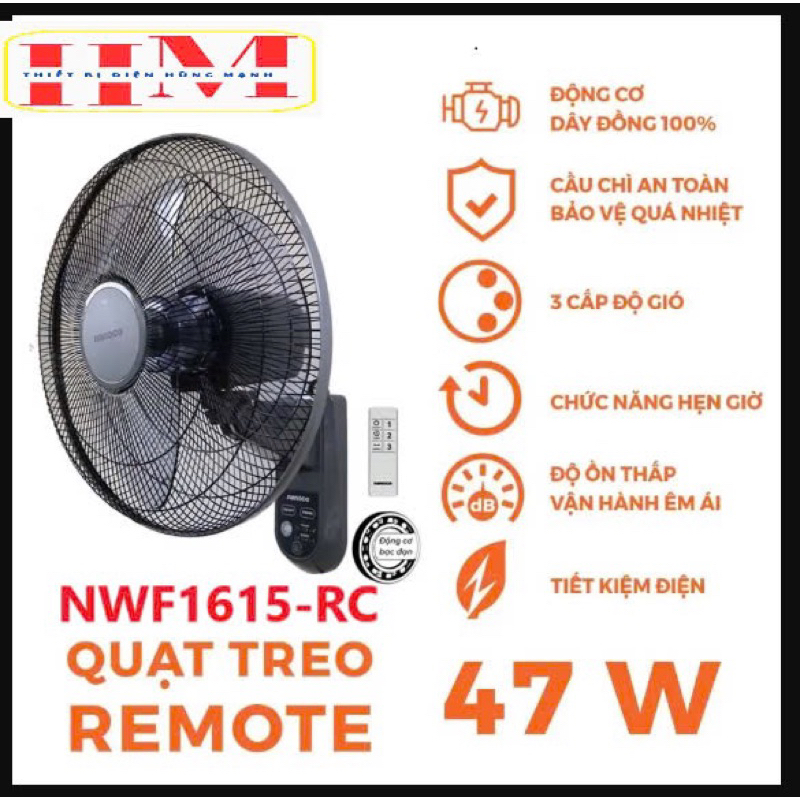 Quạt treo tường dùng Remote NANOCO bạc đạc 47W, NWF1615RC màu ghi