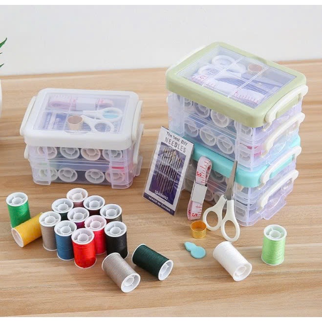 Hộp Kim Chỉ Đa Năng, Hộp Kim Chỉ May Vá, Hộp Kim Chỉ 3 Tầng Đi Kèm 12 cuộn chỉ