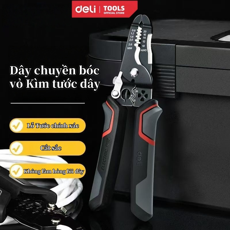 Kìm tuốt dây điện Deli đa năng 7 trong 1- dây tách vỏ xoắn dây bằng thép không gỉ