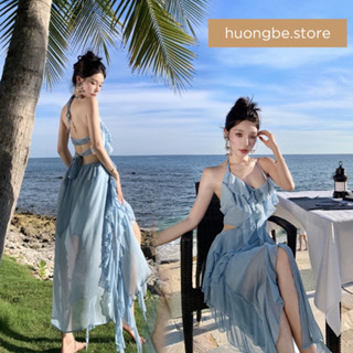   sẵn  Váy đi biển đầm maxi body thiết kế hở lưng khoét eo xẻ đùi phối bèo màu xanh nhạt chất voan chifon 