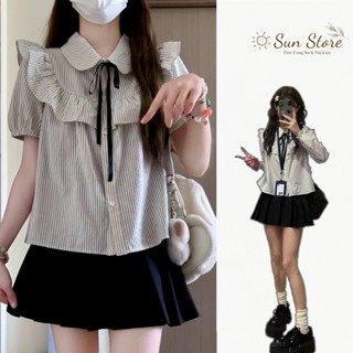 Set Áo Sơ Mi Kẻ Sọc Viềm Bèo Kèm Nơ Mix Chân Váy Xếp Ly Có Quần Trong, Sơ Mi Kiểu Nữ Tay Bo Chun Phong Cách Hàn Quốc