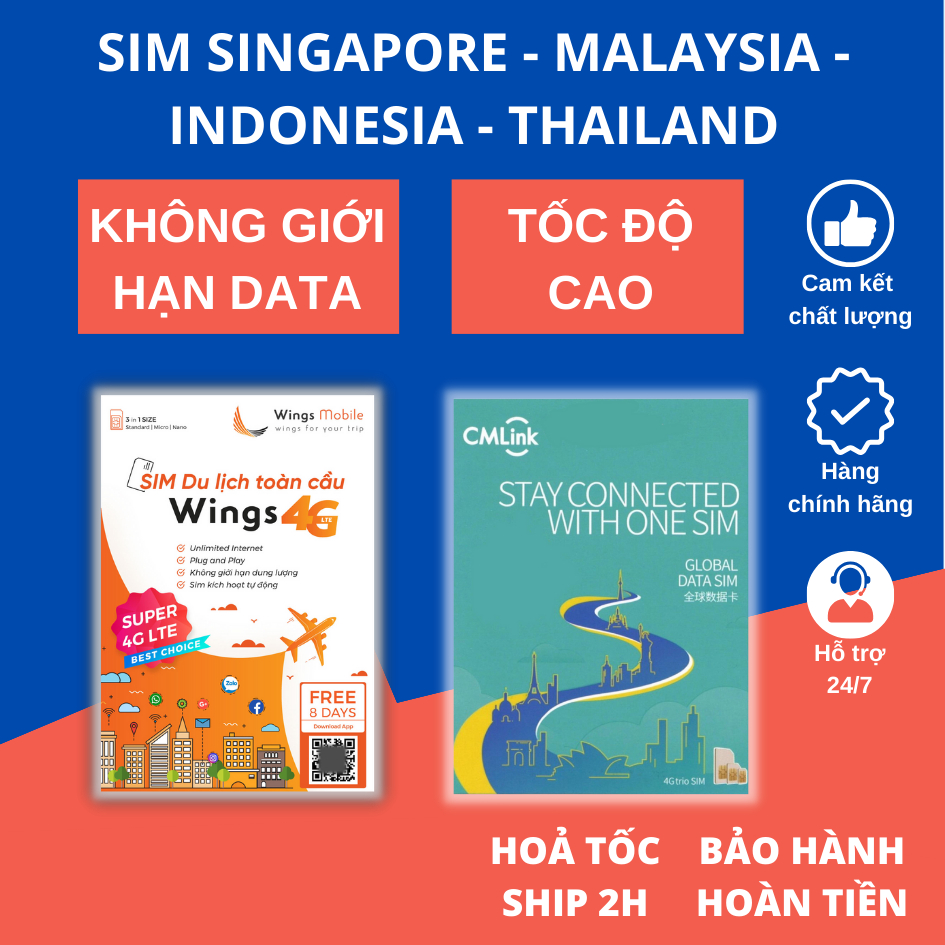 Sim Singapore, Malaysia, Indonesia du lịch 4G 5G - tốc độ cao không giới hạn 3G