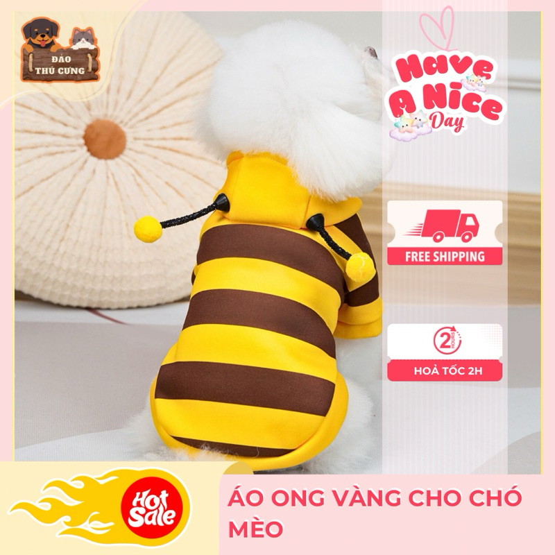 Áo Chó Mèo Hình Con Ong Vàng Nâu Dễ Thương, Áo Chó Mèo Có Nón