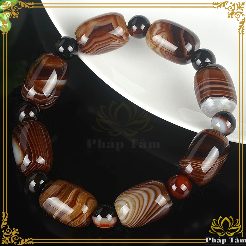 Vòng Tay Phong Thủy Hạt Lu Thống Đá Mã Não Nâu Vân Sóng Tự Nhiên, Vòng Đá Mã Não - Tâm Phong Thủy