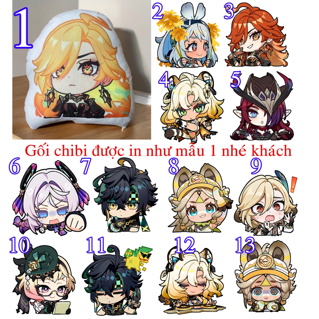 Gối ôm chibi genshin impact kinich Chasca Mualani chiori citlali mavuika Ororon emilie MAU1393A