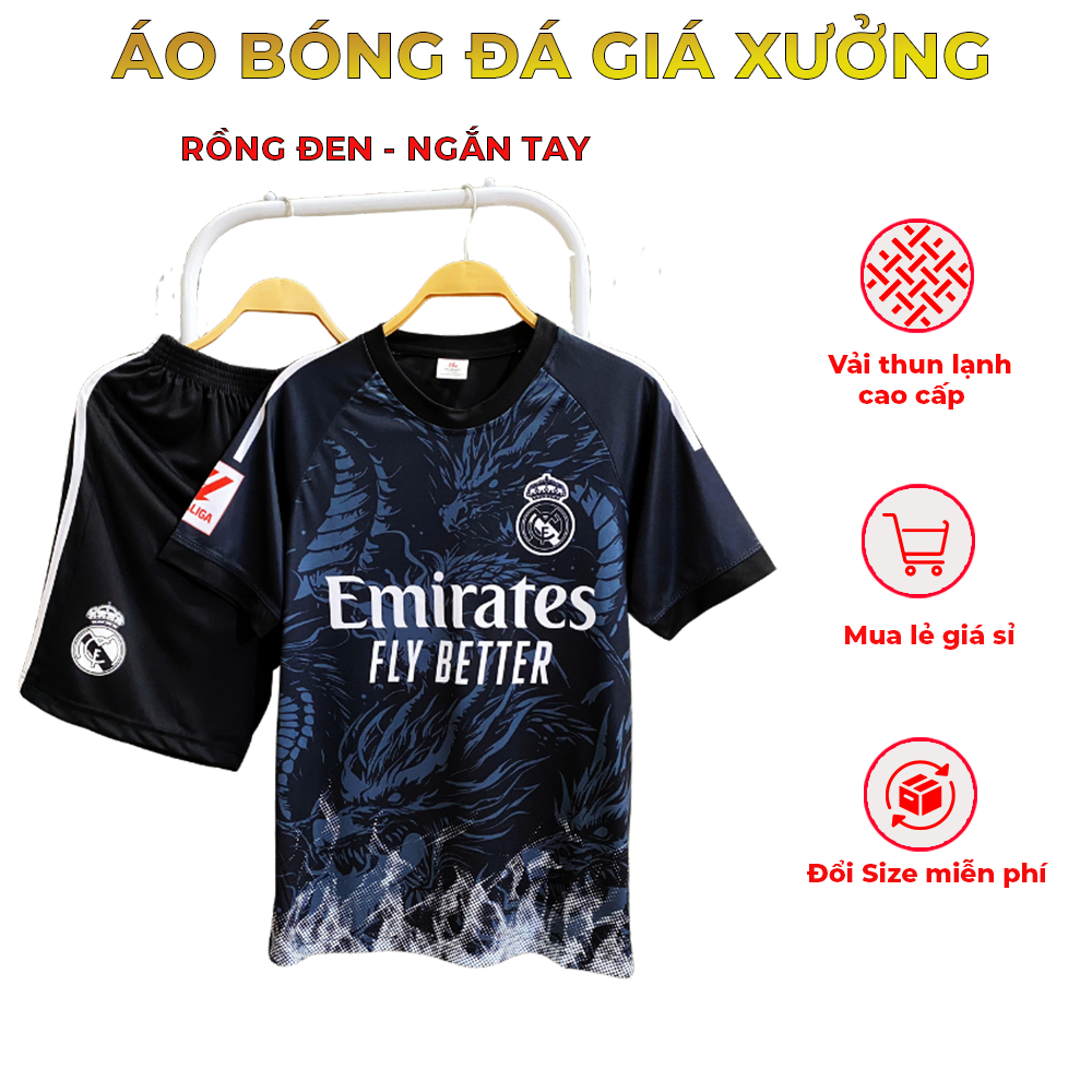 Bộ quần áo bóng đá CLB Real madrid rồng đen vải thun lạnh co giãn thoáng khí cho người lớn, trẻ em
