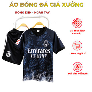 Bộ quần áo bóng đá CLB Real madrid rồng đen vải thun lạnh co giãn thoáng khí cho người lớn, trẻ em