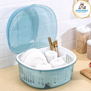 kệ úp bát đĩa có nắp đậy đa năng, trạn để bát nhựa cao cấp có ống cắm đũa 0018