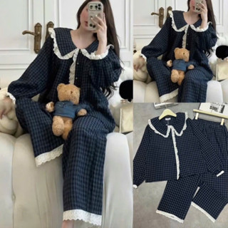  Bộ Đồ Mặc Nhà Dài Tay Vải Đũi Xốp Họa Tiết Caro Cổ Nhọn Viền Ren Phong Cách Tiểu Thư B15Ren 