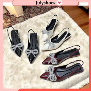 Sục nữ mũi nhọn gắn nơ đá Sục bệt chất da bóng cao cấp Giày sục búp bê mũi nhọn phối nơ đá