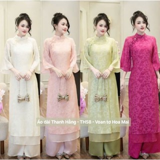 TH58 - Áo dài cách tân 4 Tà Voan tơ họa tiết Hoa Mai, phong cách tiểu thư, nhẹ nhàng, trang trí nơ dễ thương- Thanh Hằng