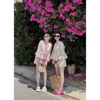 Set bộ đồ 2 chi tiết basic, Set bộ đồ ren áo sơ mi dài tay ống loe cổ tròn thắt nơ mix quần short dáng ngắn đơn giản