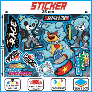 ComBo Hình dán Sticker < Gấu Ác Ma,gấu Vệ Sĩ,Tem Chữ,Lá Cờ Việt Nam,...>Chất Liệu decal Cao cấp Dán Đa Vị Trí.[TT073]
