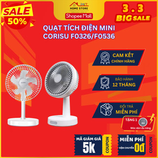 Quạt Tích Điện Corisu F0326/F0536 - 3 Chế Độ Gió - Pin Khoẻ - Có Đèn LED - Góc Quay Linh Hoạt