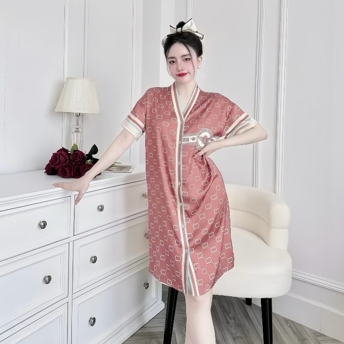 Đầm ngủ sơ mi Hisexy cổ chữ y Pijama sơ mi form suông Lụa Latin Cao cấp SM24 | BigBuy360 - bigbuy360.vn