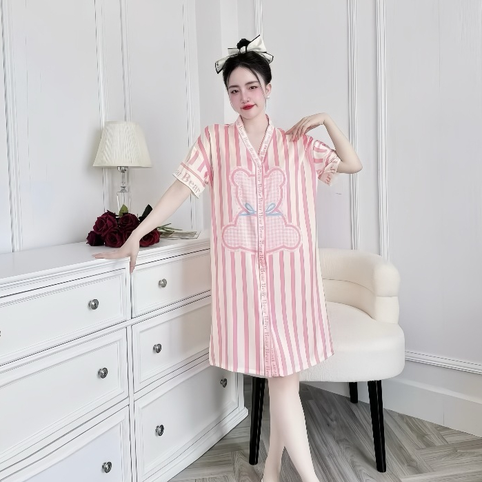Đầm ngủ sơ mi Hisexy cổ chữ y Pijama sơ mi form suông Lụa Latin Cao cấp SM24 | BigBuy360 - bigbuy360.vn