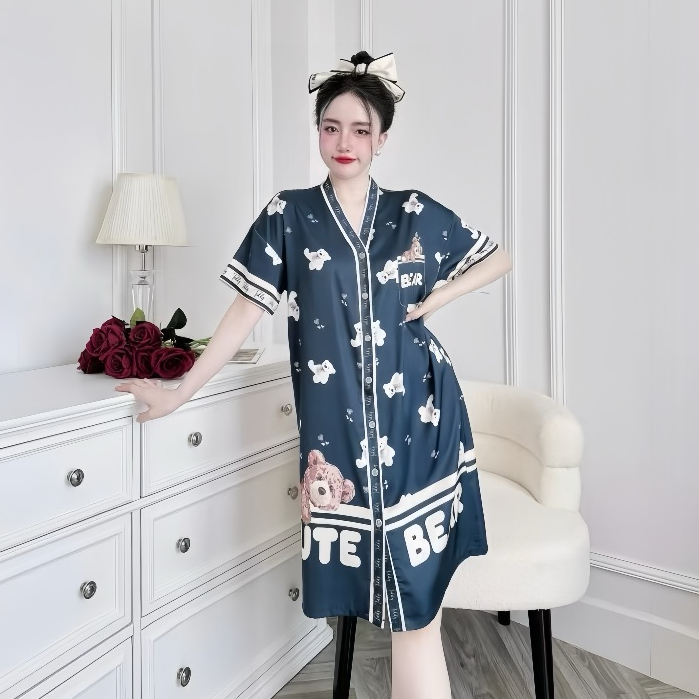 Đầm ngủ sơ mi Hisexy cổ chữ y Pijama sơ mi form suông Lụa Latin Cao cấp SM24 | BigBuy360 - bigbuy360.vn