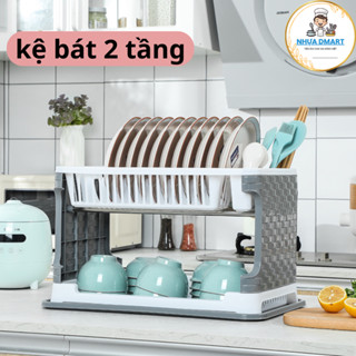 kệ để bát có khay ráo nước tiện lợi, giá để chén đĩa 2 tầng nhựa cao cấp 2073