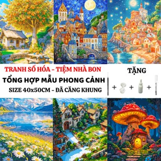 (40X50cm-CÓ BACKBOARD) TỔNG HỢP các mẫu tranh tô màu theo số PHONG CẢNH có sẵn khung, cọ vẽ, màu vẽ