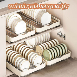 Kệ úp bát đĩa ray trượt, khay để lọ gia vị, có khay hứng nước, chất liệu nhựa PP chắc chắn, giá inox 304 không gỉ