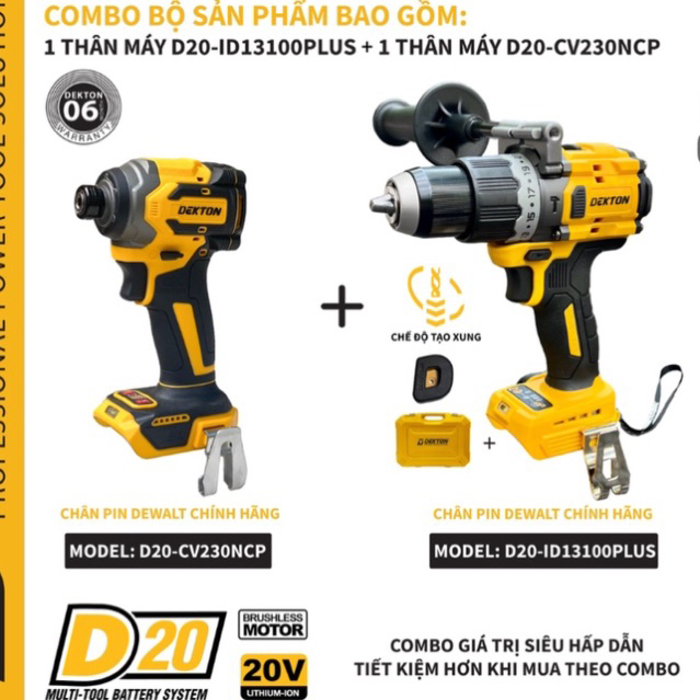 Combo 2 Thân Máy Khoan D20-ID13100plus 100Nm + Chuyên Vít 230Nm Chân Pin Dewalt D20 Dekton Chính Hãn
