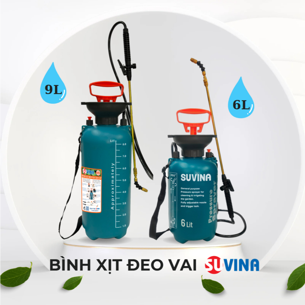 Bình Xịt Đeo Vai 6L - 9L vòi đồng kéo dài SUVINA, Đầu Vòi Xoay 360 độ, Khóa Xịt Liên Tục Rảnh Tay