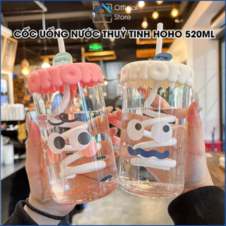 Ly Thuỷ Tinh Uống Nước HOHO 520ml Có Nắp Và Ống Hút Xoắn Hot Trend 2025