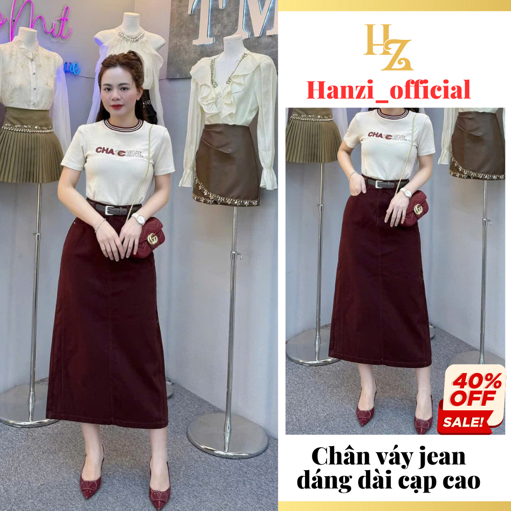 Chân váy bò jean dáng dài lưng cao, Áo thun chữ thêu chất dày dặn co giãn mềm mại TM03 Hanzi Officia